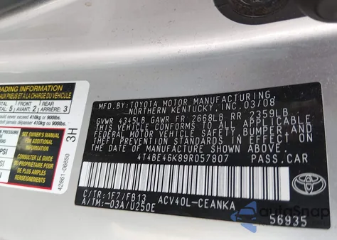 2009 Toyota Camry Le из США, поврежденный, VIN 4T4BE46K89R057807